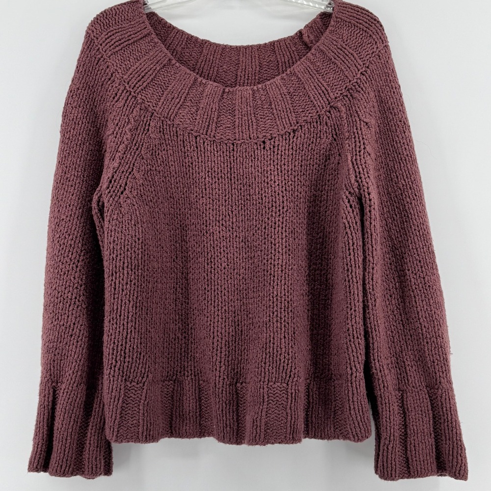 Free People Plum Purple Chunky Knit Crop Cotton‎ Blend Scoop Neck Sweater Medium
